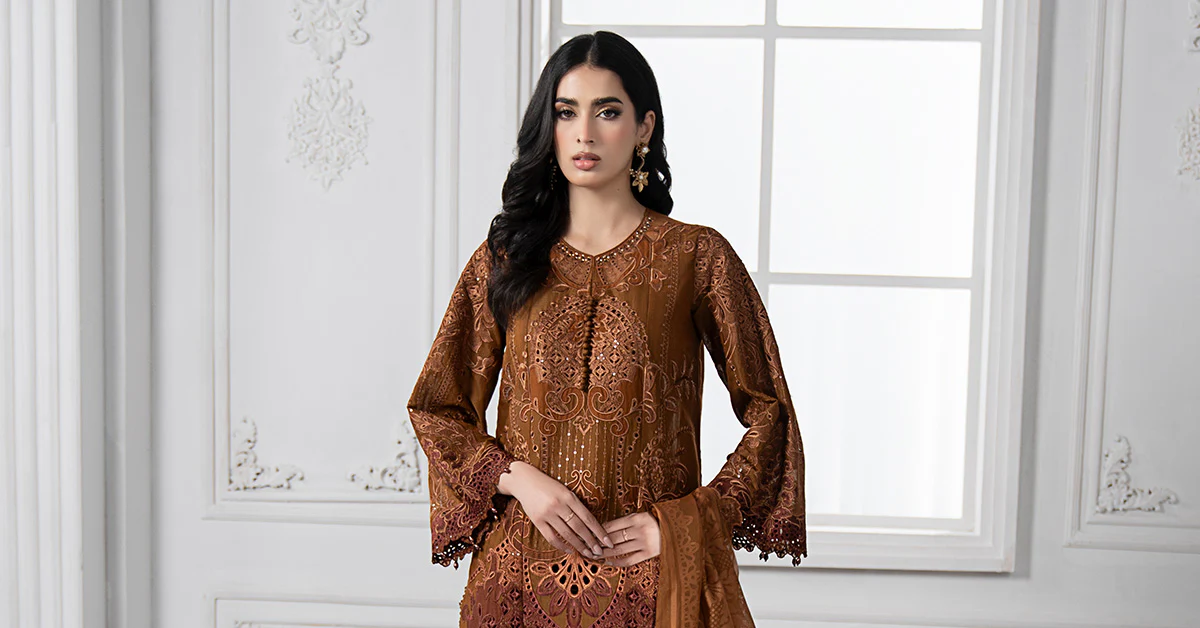 3 Piece Embroidered Paper Cotton Suit | DS-2501-B - Image 7