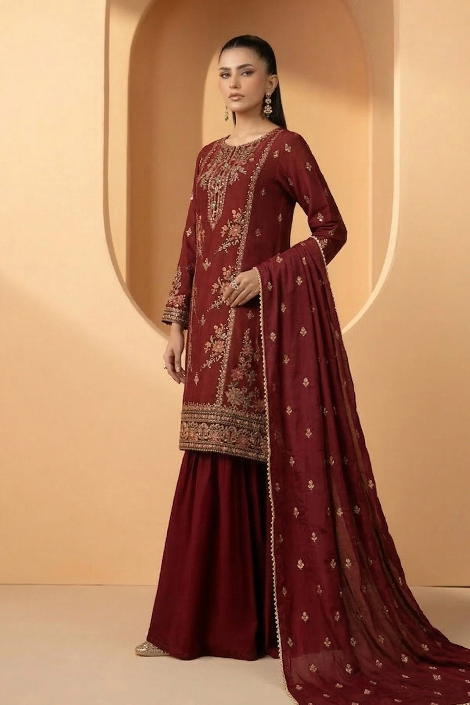 3 Piece Embroidered Double Warp Silk Suit - Image 5