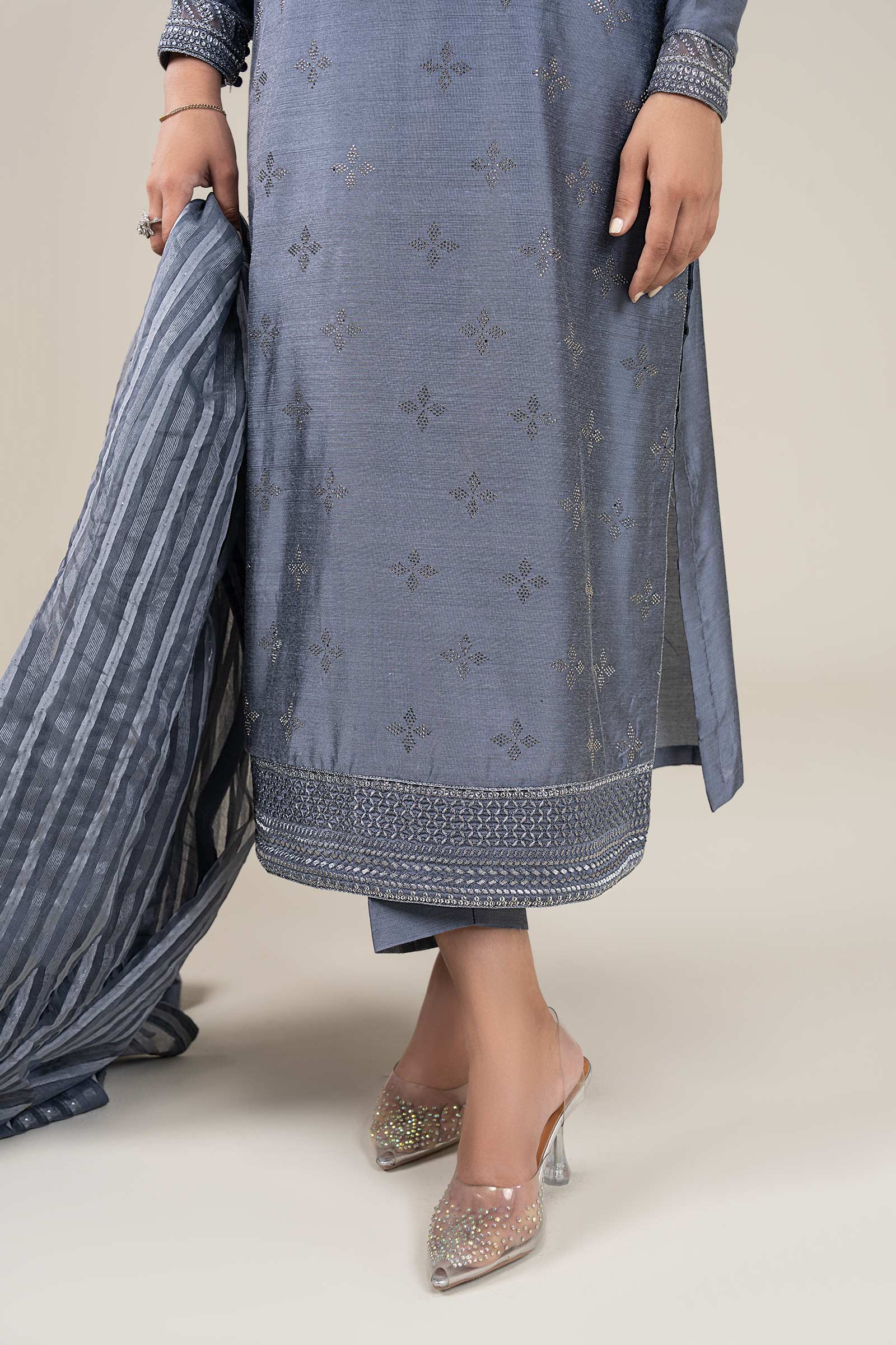 3 Pc Embroidered Two Tone Silk Suit - Image 3