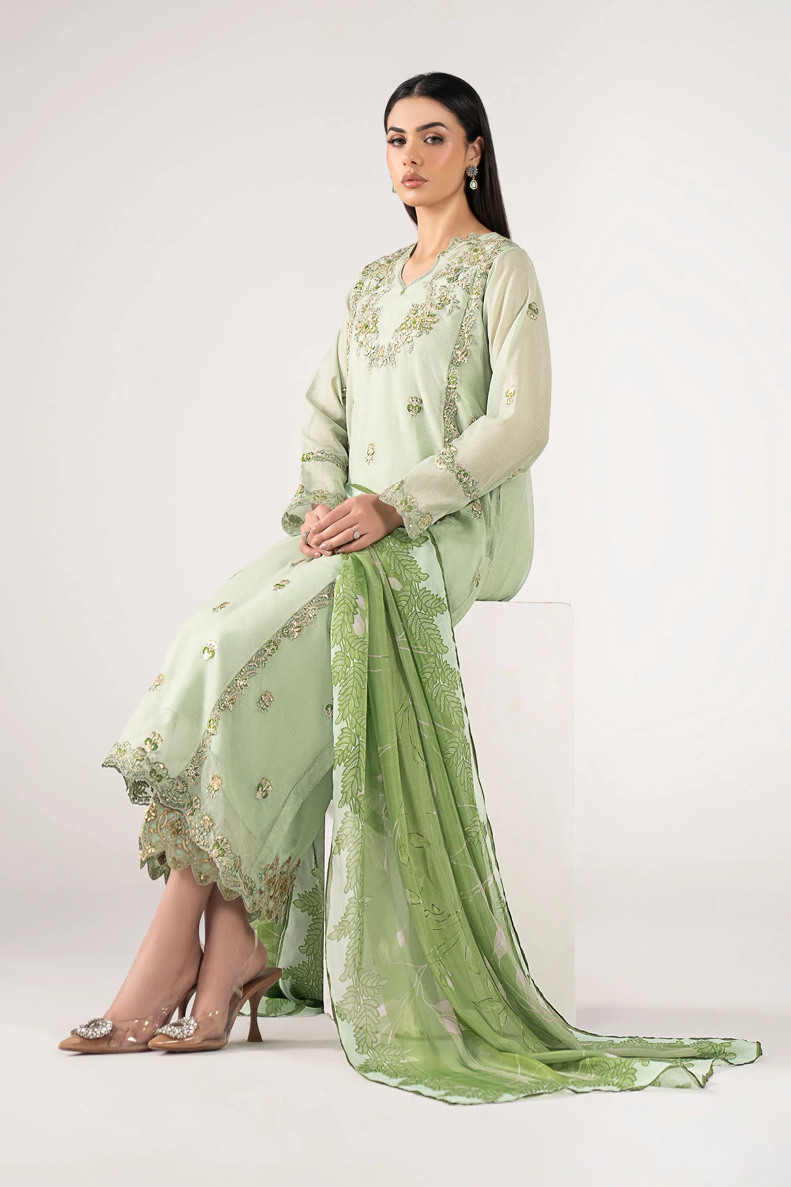 3 Pc Embroidered Silk Cotton Net Suit - Image 3