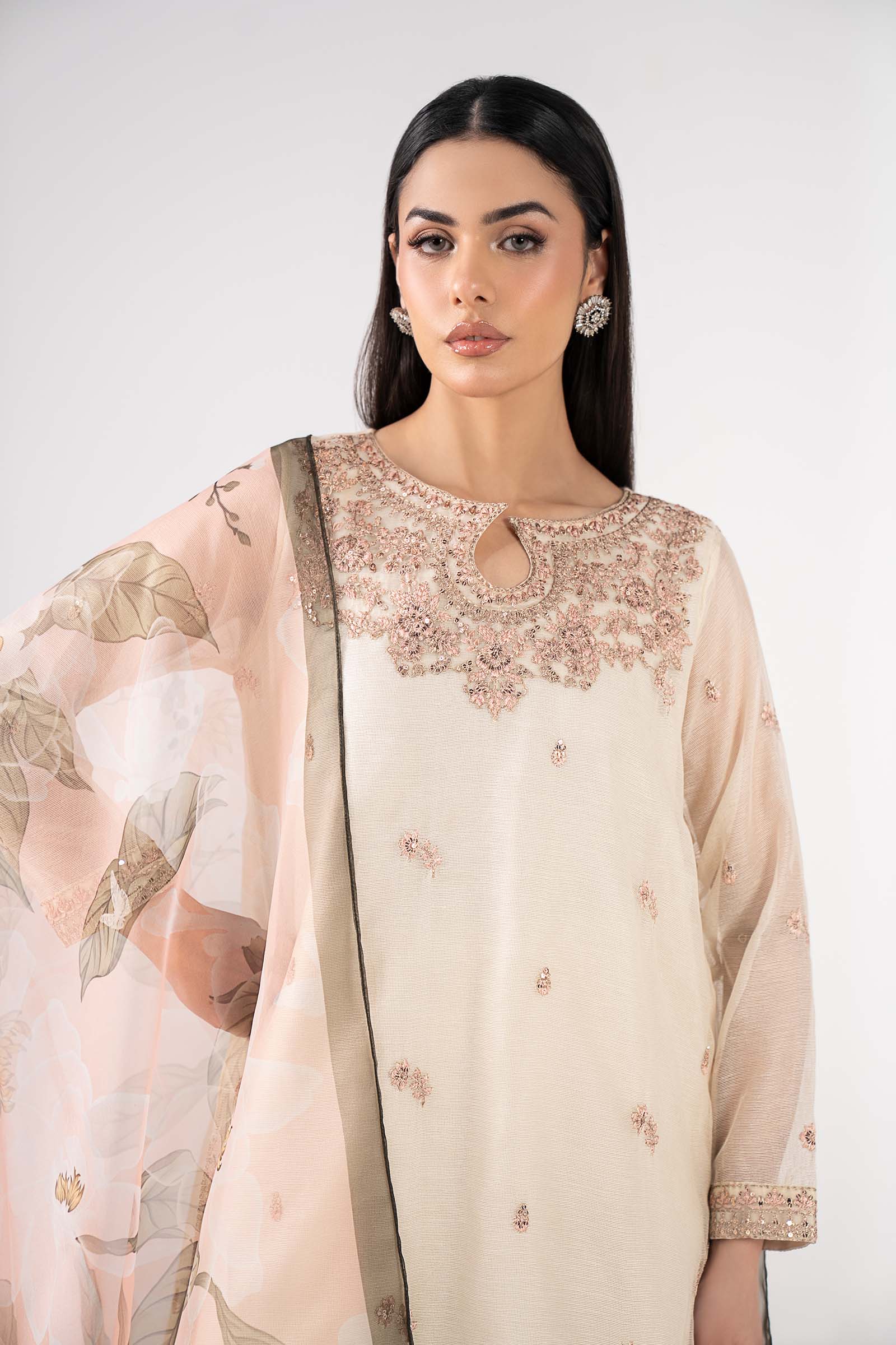 3 Pc Embroidered Silk Cotton Net Suit - Image 3