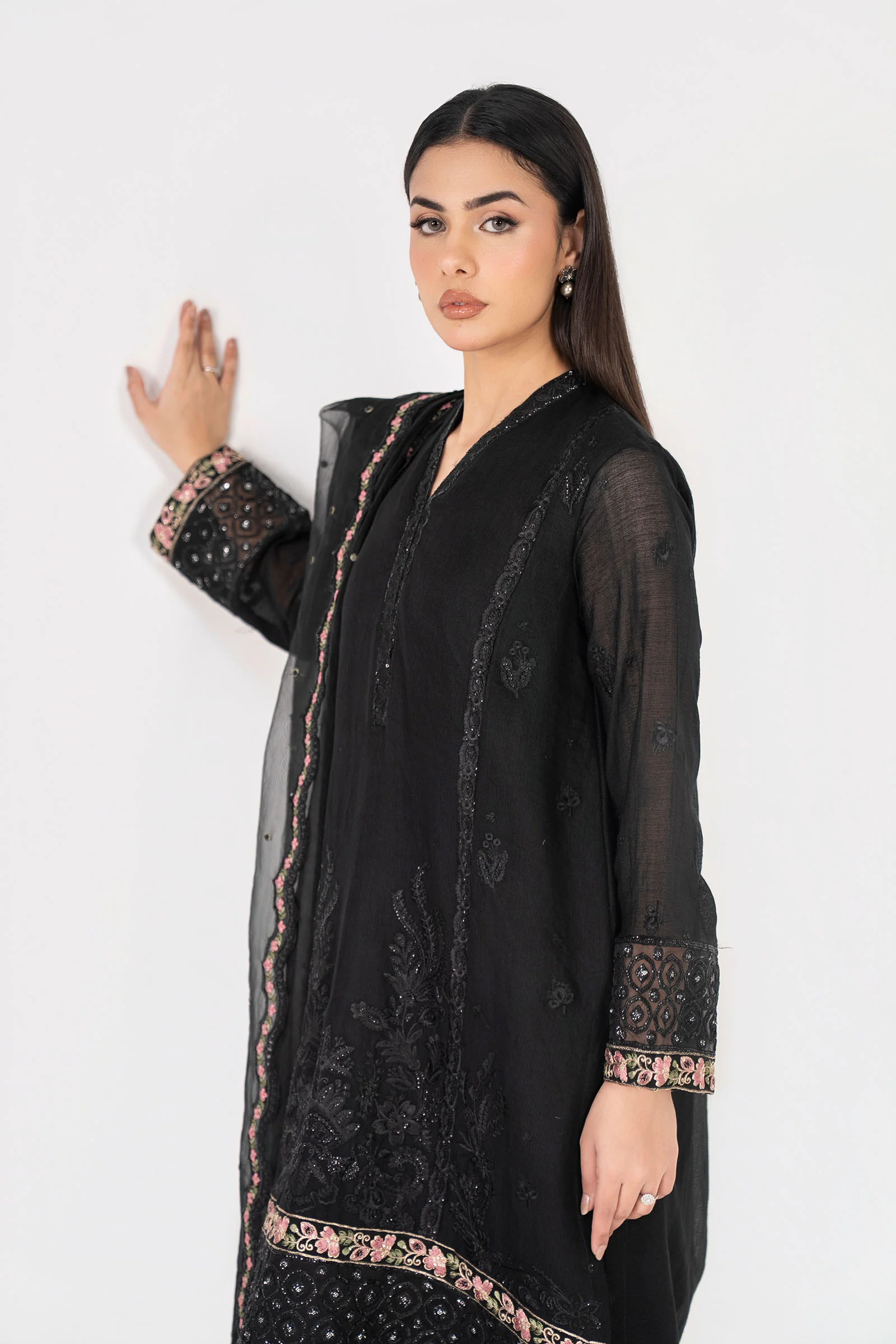 3 Pc Embroidered Silk Cotton Net Suit - Image 3