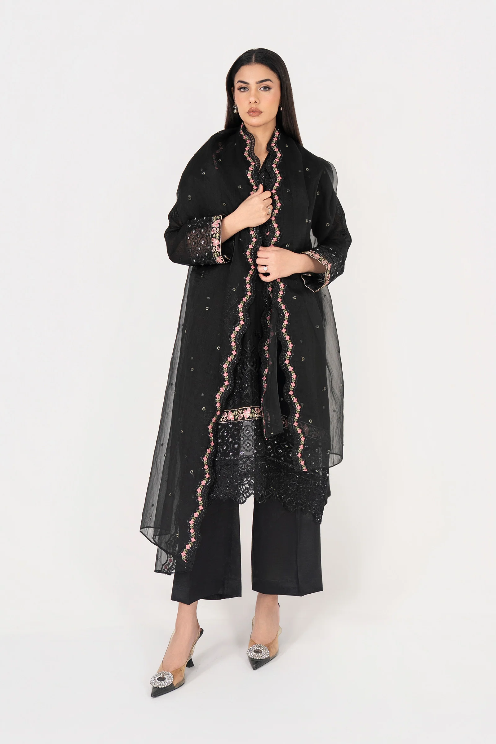 3 Pc Embroidered Silk Cotton Net Suit - Image 4