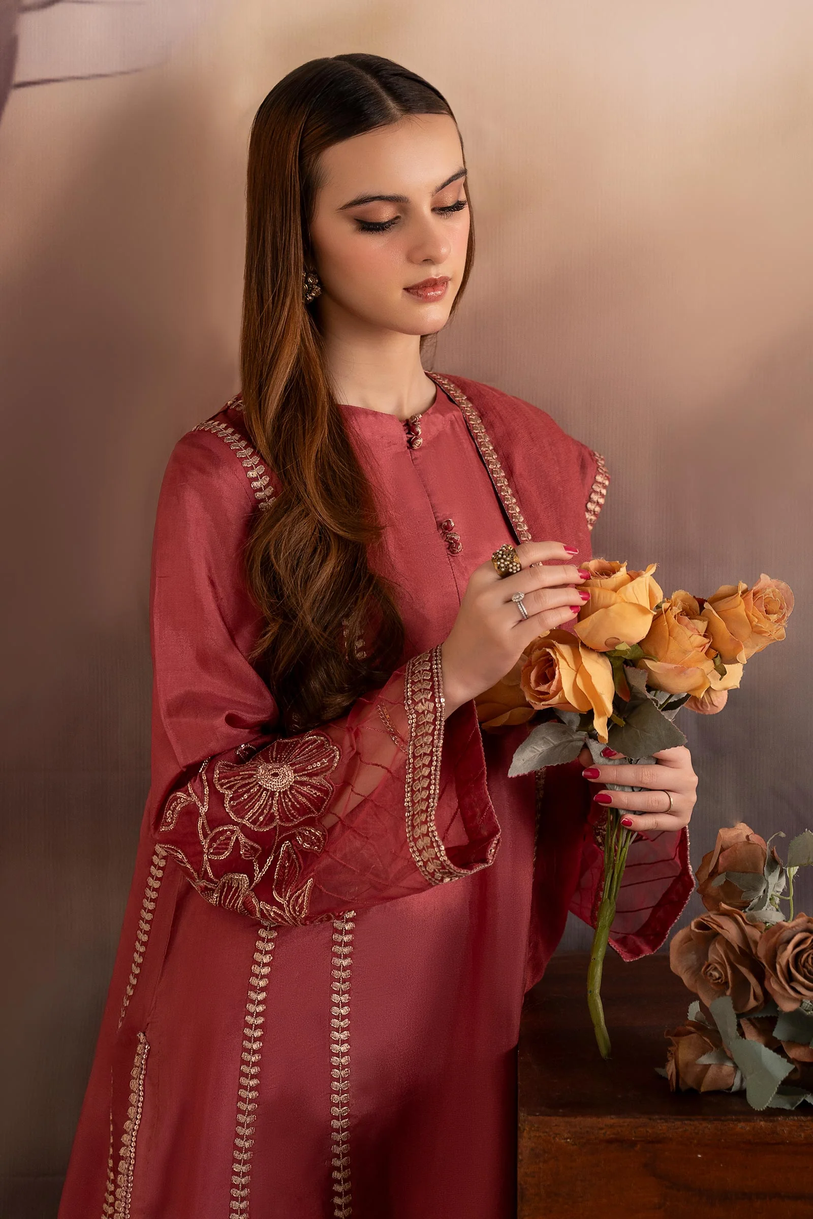 3 Piece Embroidered Tassel Silk Suit - Image 3